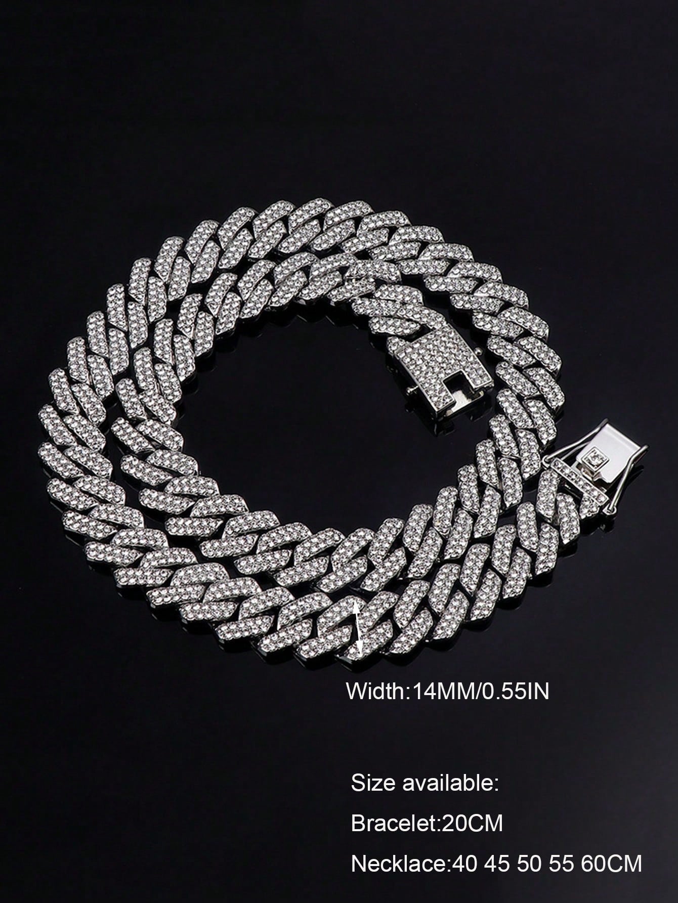 Kuuioe 1Pc European and American Black Hip-Hop Street Style Fully Rhinestone-Decorated Chain Necklace for Men & Women, with a Chain Bracelet, 20-60CM