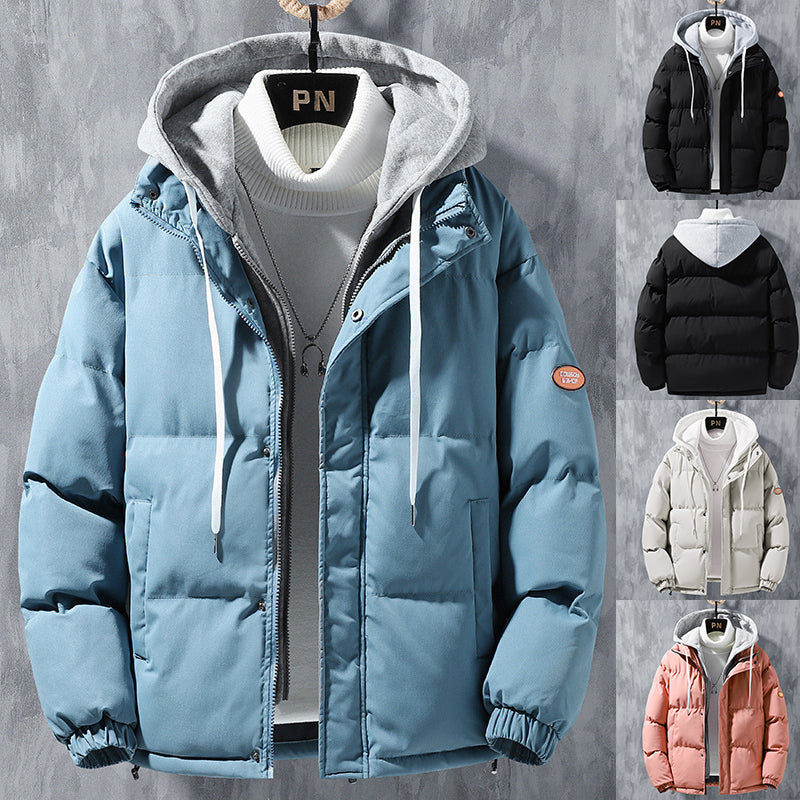 Fashion Hooded Jacket Men Winter Windproof Thickened Fake Two-Piece Coat Solid Leisure Sports Cotton Jacket