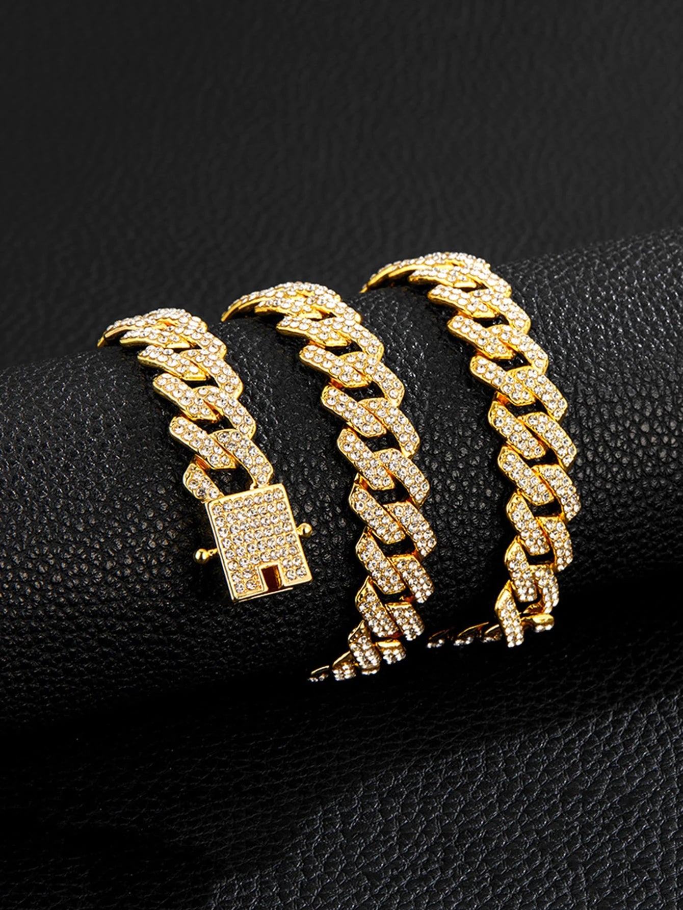 Kuuioe 1Pc European and American Black Hip-Hop Street Style Fully Rhinestone-Decorated Chain Necklace for Men & Women, with a Chain Bracelet, 20-60CM