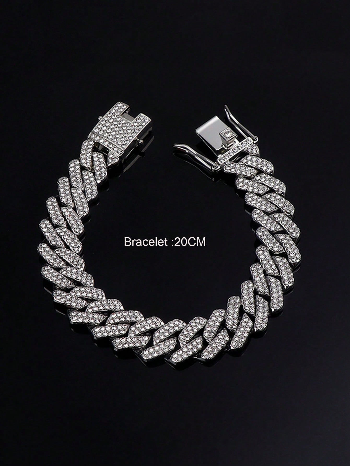 Kuuioe 1Pc European and American Black Hip-Hop Street Style Fully Rhinestone-Decorated Chain Necklace for Men & Women, with a Chain Bracelet, 20-60CM