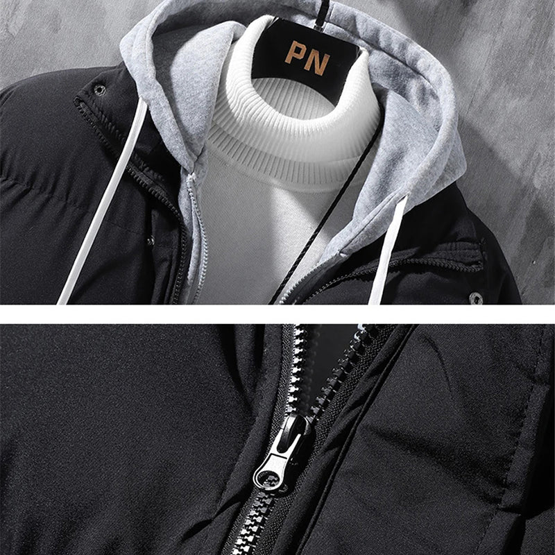 Fashion Hooded Jacket Men Winter Windproof Thickened Fake Two-Piece Coat Solid Leisure Sports Cotton Jacket
