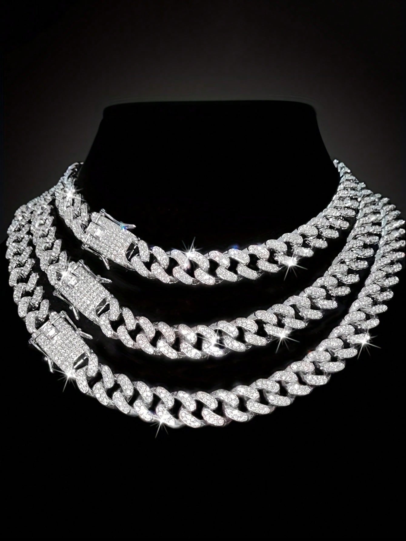 Kuuioe 1Pc European and American Black Hip-Hop Street Style Fully Rhinestone-Decorated Chain Necklace for Men & Women, with a Chain Bracelet, 20-60CM