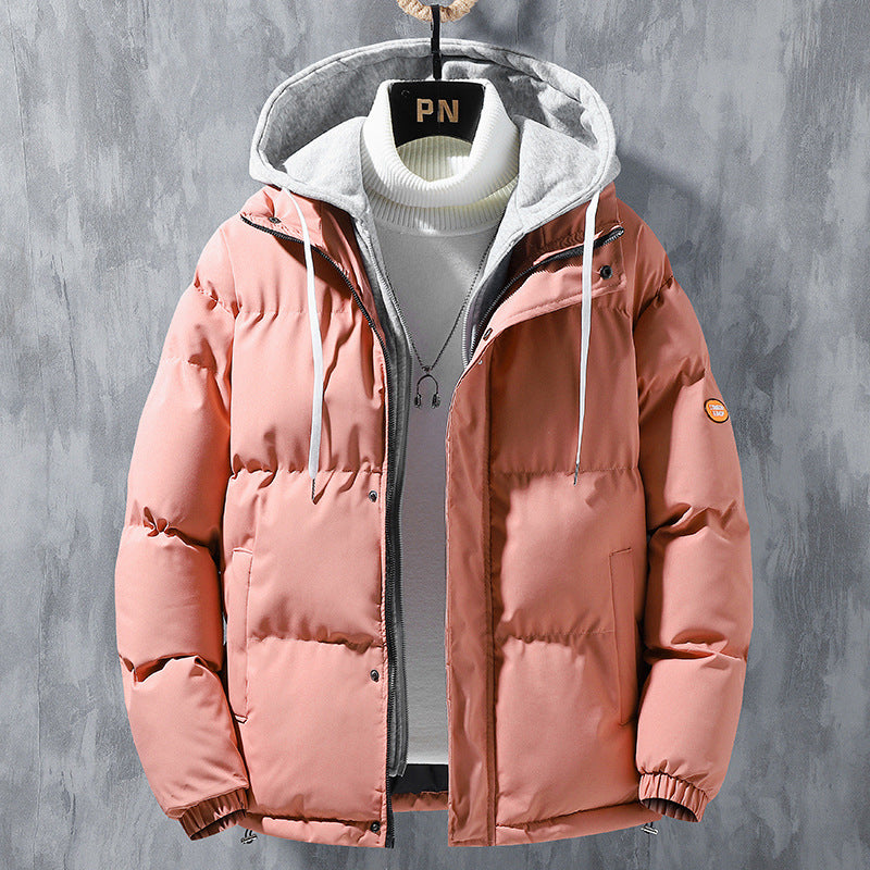 Fashion Hooded Jacket Men Winter Windproof Thickened Fake Two-Piece Coat Solid Leisure Sports Cotton Jacket