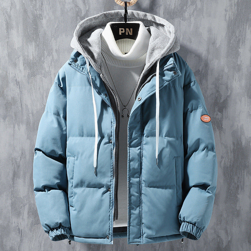 Fashion Hooded Jacket Men Winter Windproof Thickened Fake Two-Piece Coat Solid Leisure Sports Cotton Jacket