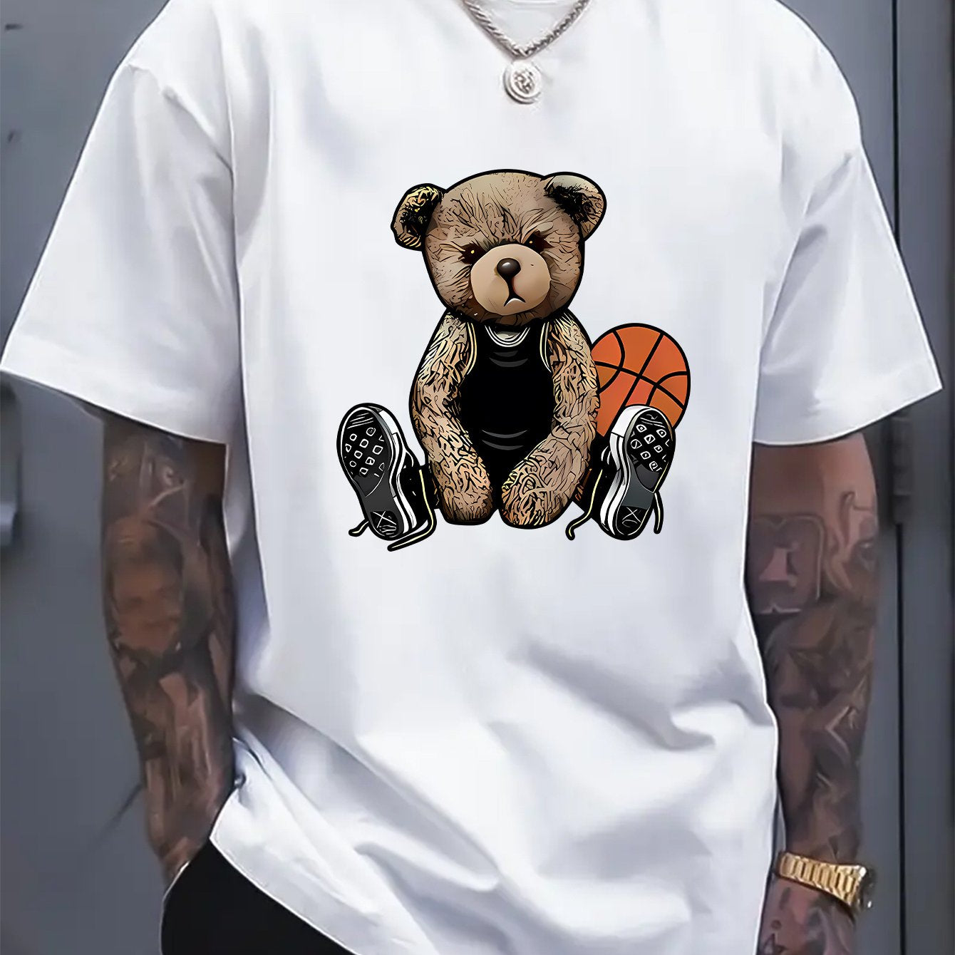 Men'S T-Shirt with Cool Bear and Basketball Prints, Casual Short Sleeved round Neck T-Shirt, Soft and Comfortable Top, Street Fashion