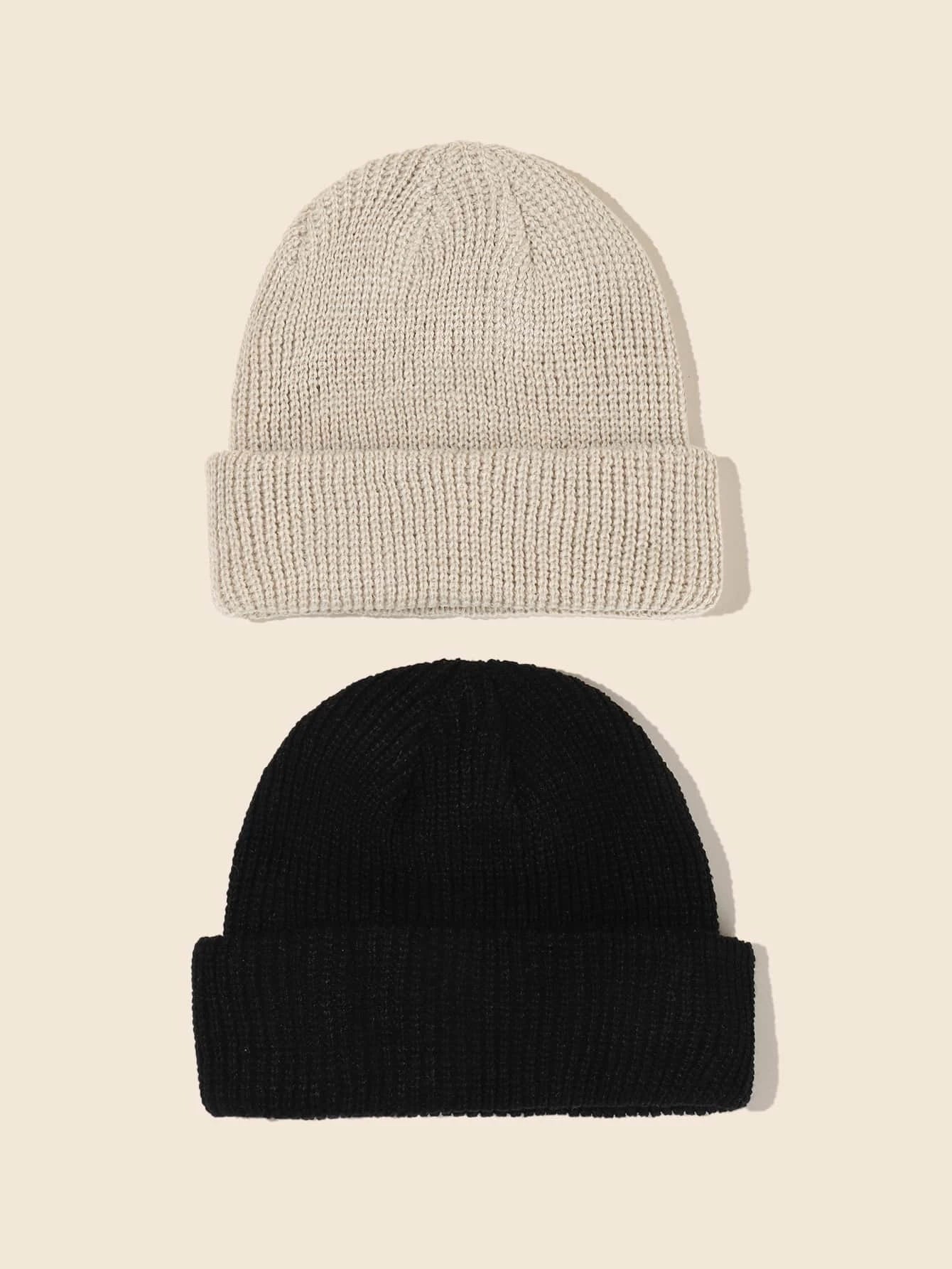 2Pcs Men'S Solid Color Knitted Hat Casual