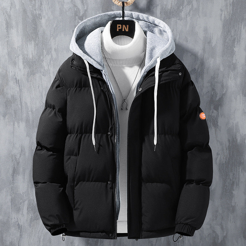 Fashion Hooded Jacket Men Winter Windproof Thickened Fake Two-Piece Coat Solid Leisure Sports Cotton Jacket