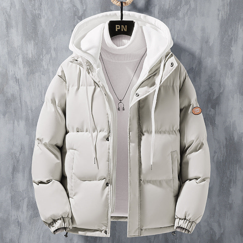 Fashion Hooded Jacket Men Winter Windproof Thickened Fake Two-Piece Coat Solid Leisure Sports Cotton Jacket