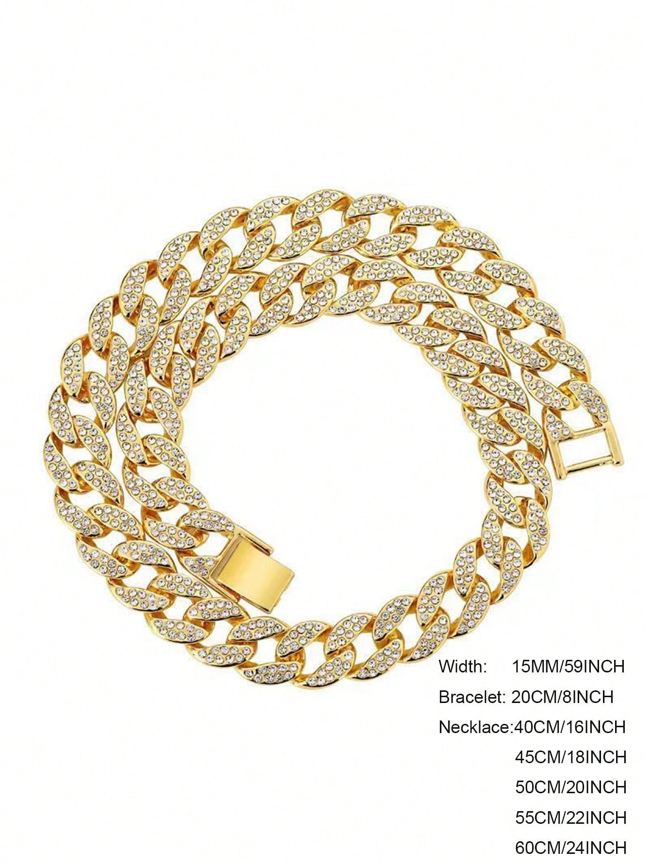 Kuuioe 1Pc European and American Black Hip-Hop Street Style Fully Rhinestone-Decorated Chain Necklace for Men & Women, with a Chain Bracelet, 20-60CM