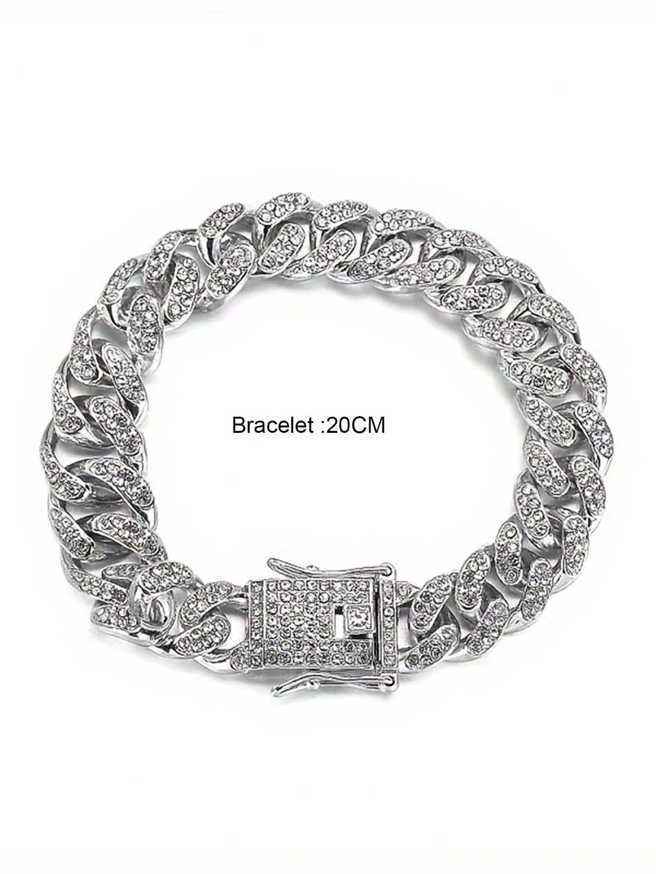 Kuuioe 1Pc European and American Black Hip-Hop Street Style Fully Rhinestone-Decorated Chain Necklace for Men & Women, with a Chain Bracelet, 20-60CM