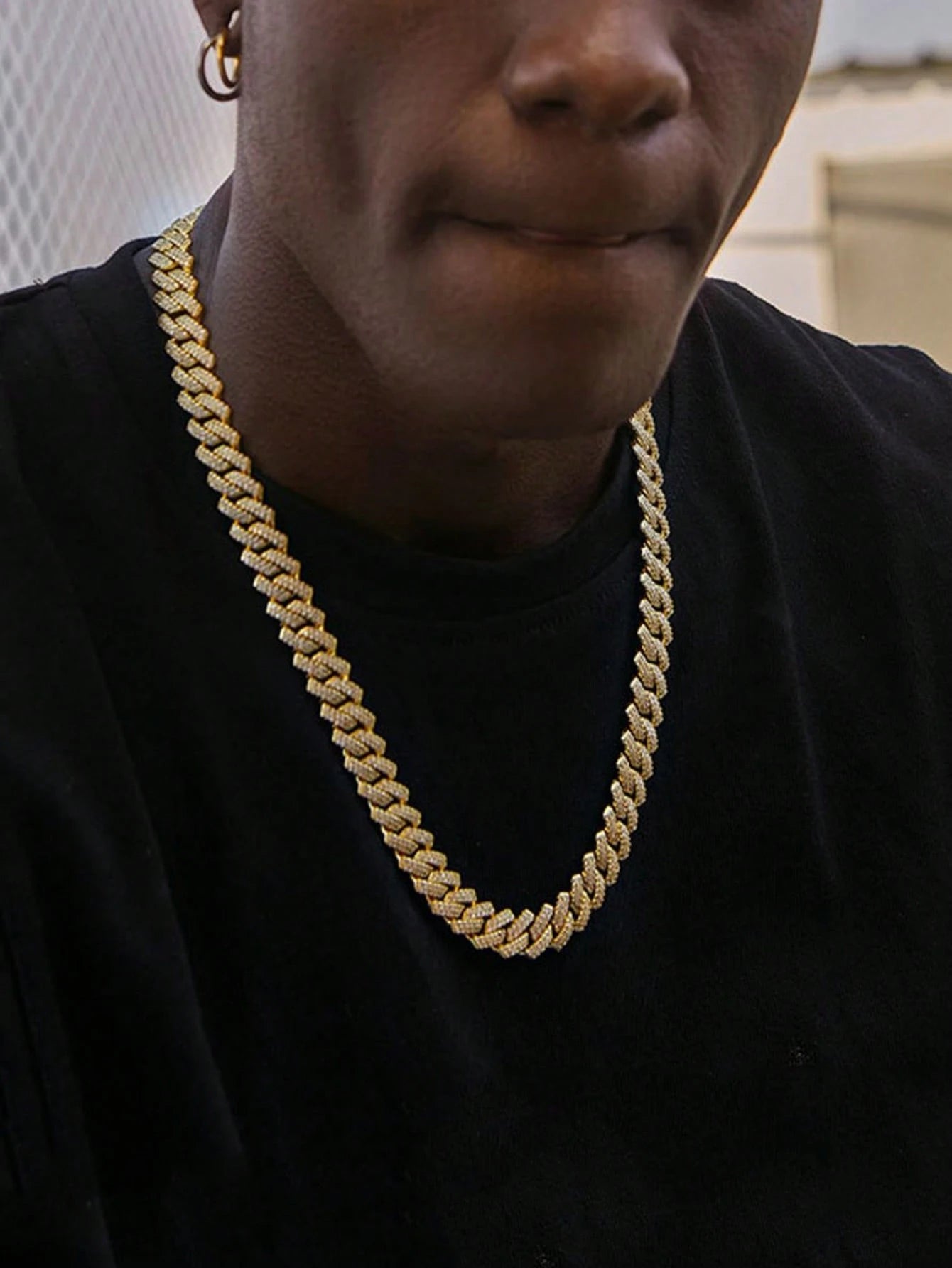 Kuuioe 1Pc European and American Black Hip-Hop Street Style Fully Rhinestone-Decorated Chain Necklace for Men & Women, with a Chain Bracelet, 20-60CM