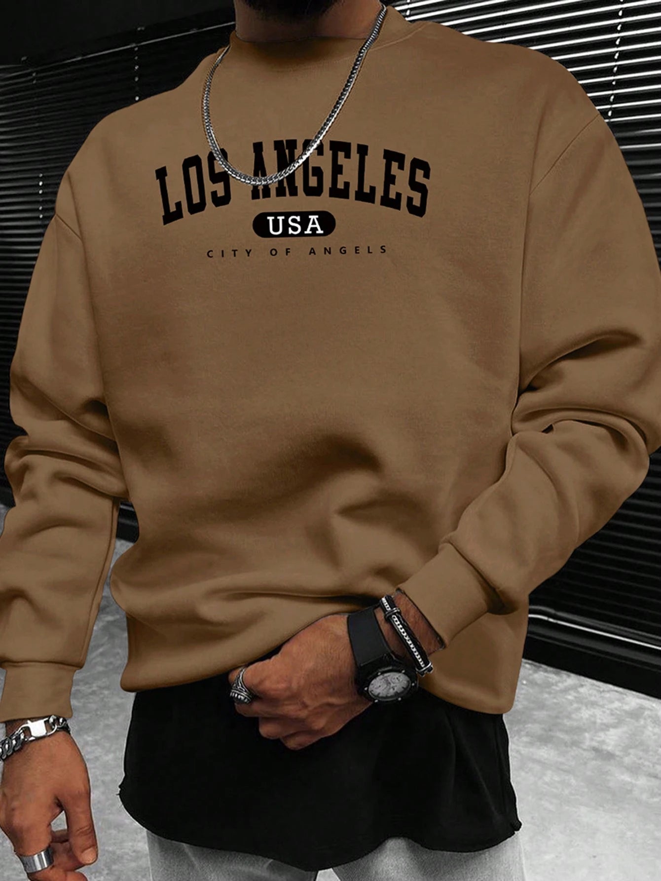 Manfinity Sporsity Men Letter Graphic Sweatshirt Going Out Crew Neck Letter Los Angeles Long Sleeve Casual Sweatshirt, for Friends, Husband, Boyfriend Gifts, Los Angeles Hoodie, Men Sweatshirt, Men Pullover Hoodie