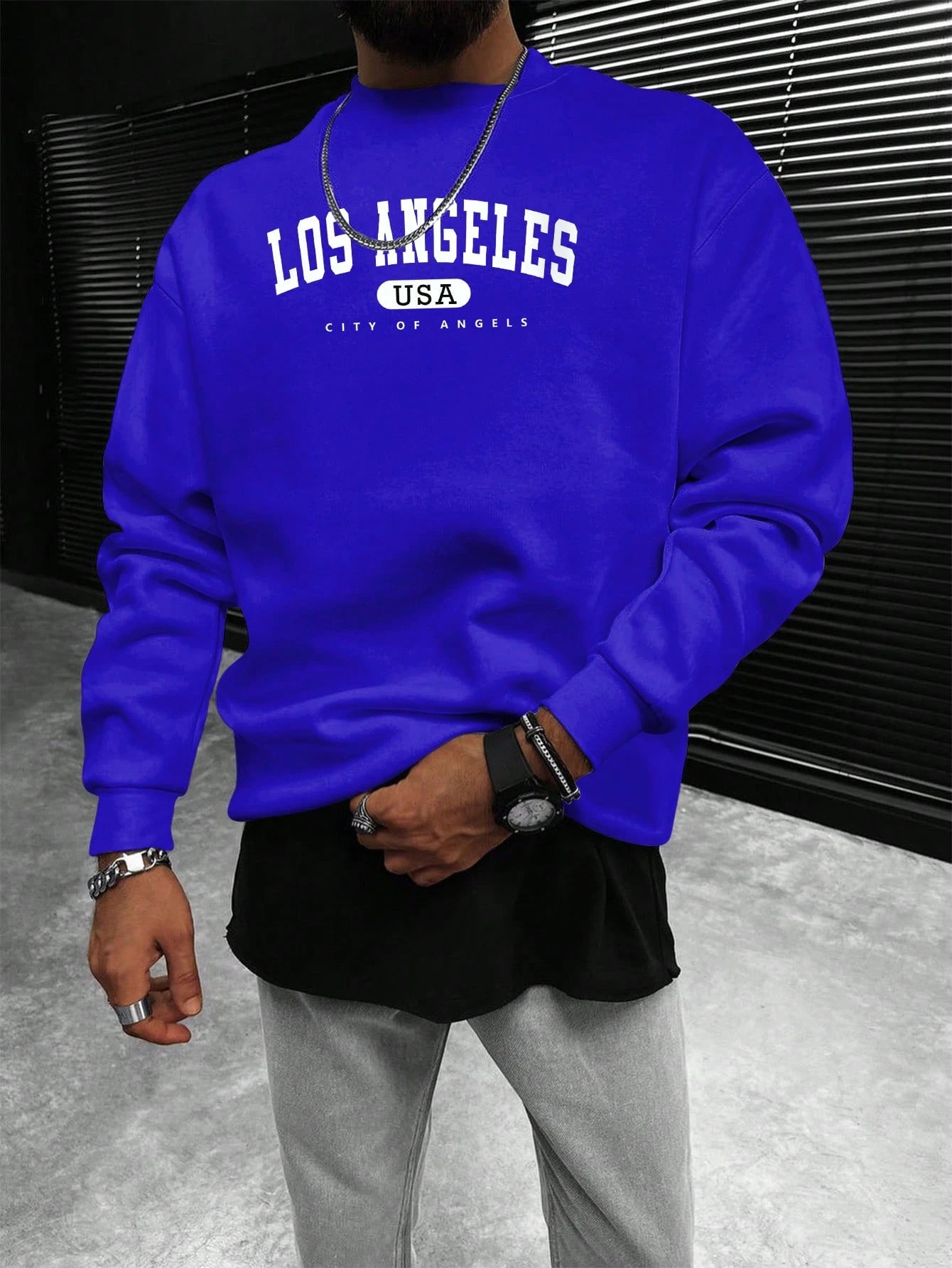 Manfinity Sporsity Men Letter Graphic Sweatshirt Going Out Crew Neck Letter Los Angeles Long Sleeve Casual Sweatshirt, for Friends, Husband, Boyfriend Gifts, Los Angeles Hoodie, Men Sweatshirt, Men Pullover Hoodie