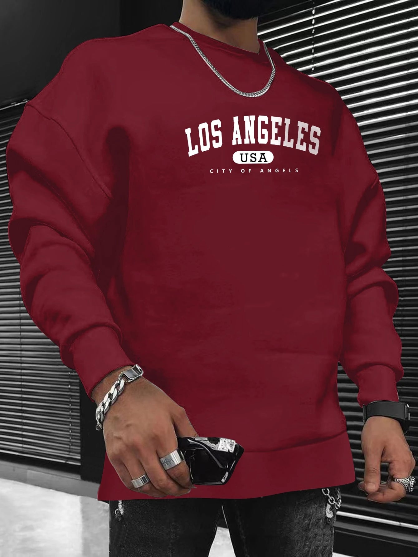 Manfinity Sporsity Men Letter Graphic Sweatshirt Going Out Crew Neck Letter Los Angeles Long Sleeve Casual Sweatshirt, for Friends, Husband, Boyfriend Gifts, Los Angeles Hoodie, Men Sweatshirt, Men Pullover Hoodie