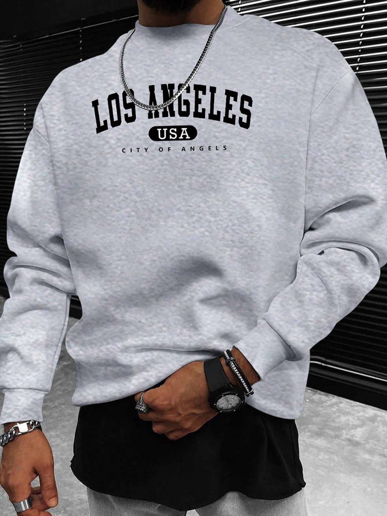 Manfinity Sporsity Men Letter Graphic Sweatshirt Going Out Crew Neck Letter Los Angeles Long Sleeve Casual Sweatshirt, for Friends, Husband, Boyfriend Gifts, Los Angeles Hoodie, Men Sweatshirt, Men Pullover Hoodie