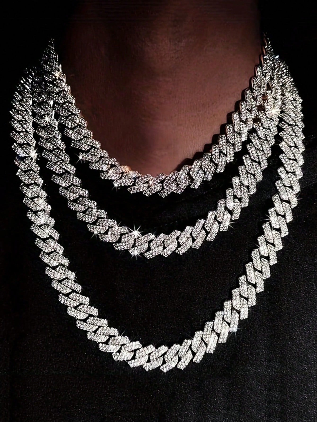 Kuuioe 1Pc European and American Black Hip-Hop Street Style Fully Rhinestone-Decorated Chain Necklace for Men & Women, with a Chain Bracelet, 20-60CM