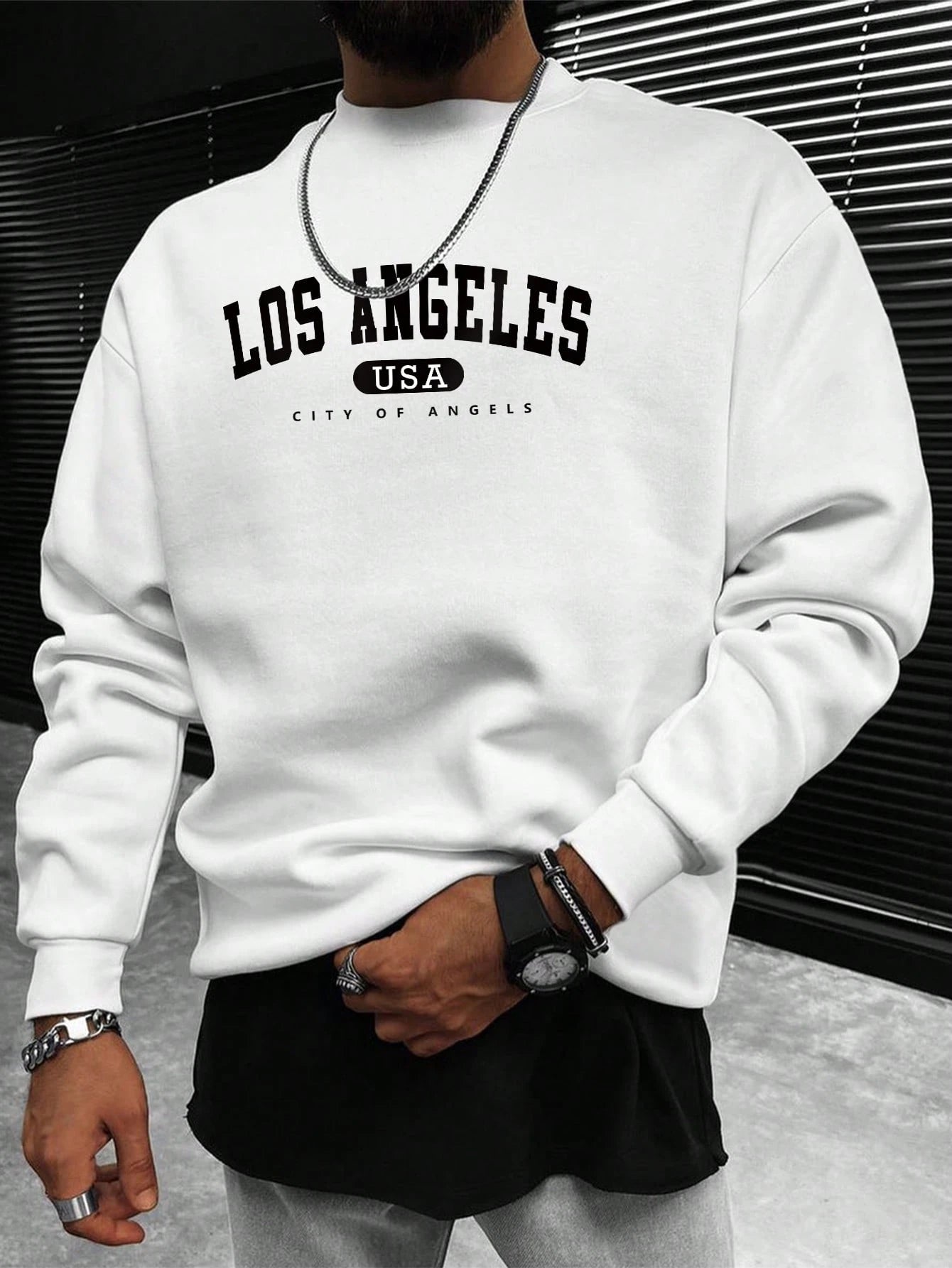 Manfinity Sporsity Men Letter Graphic Sweatshirt Going Out Crew Neck Letter Los Angeles Long Sleeve Casual Sweatshirt, for Friends, Husband, Boyfriend Gifts, Los Angeles Hoodie, Men Sweatshirt, Men Pullover Hoodie