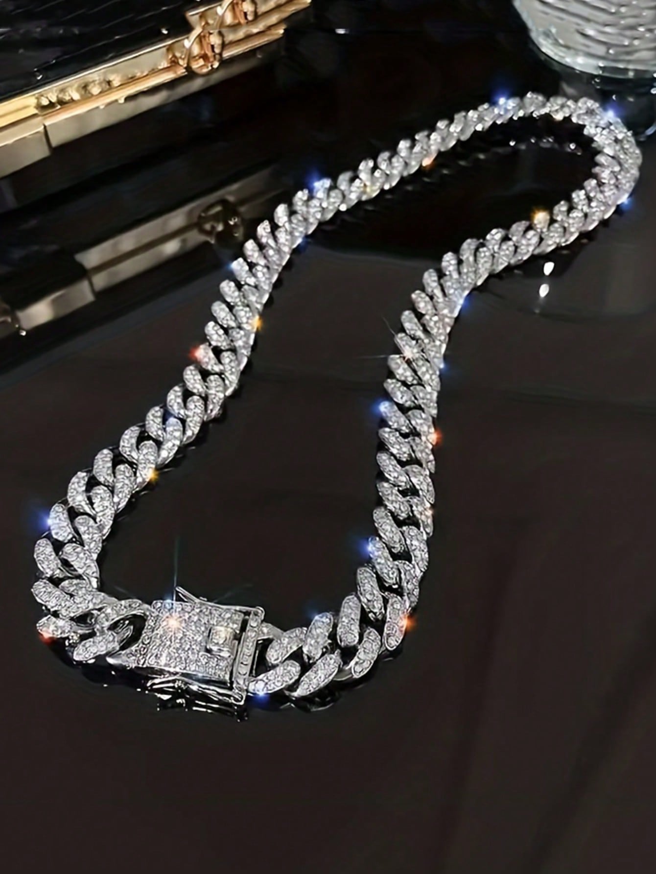 Kuuioe 1Pc European and American Black Hip-Hop Street Style Fully Rhinestone-Decorated Chain Necklace for Men & Women, with a Chain Bracelet, 20-60CM