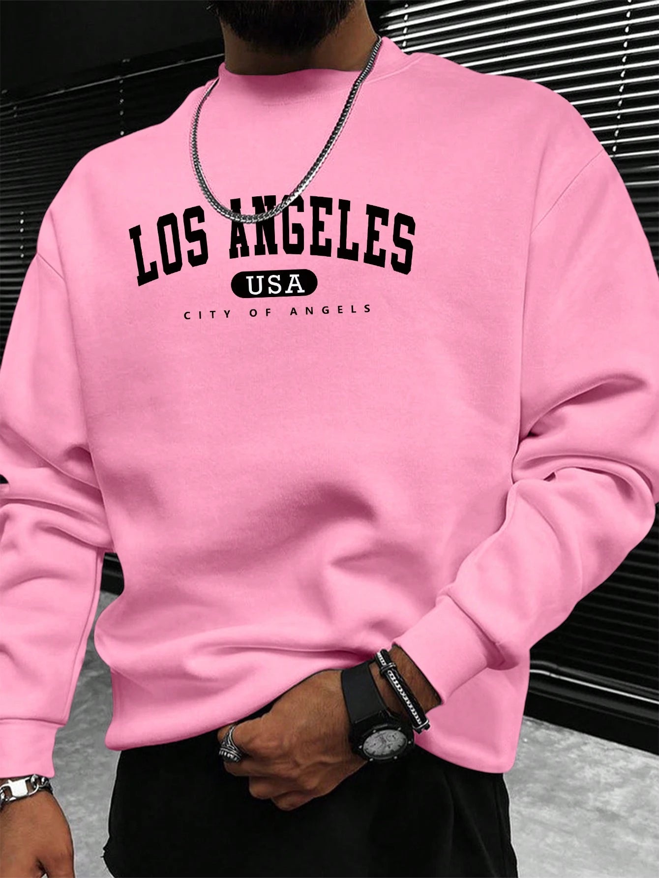 Manfinity Sporsity Men Letter Graphic Sweatshirt Going Out Crew Neck Letter Los Angeles Long Sleeve Casual Sweatshirt, for Friends, Husband, Boyfriend Gifts, Los Angeles Hoodie, Men Sweatshirt, Men Pullover Hoodie