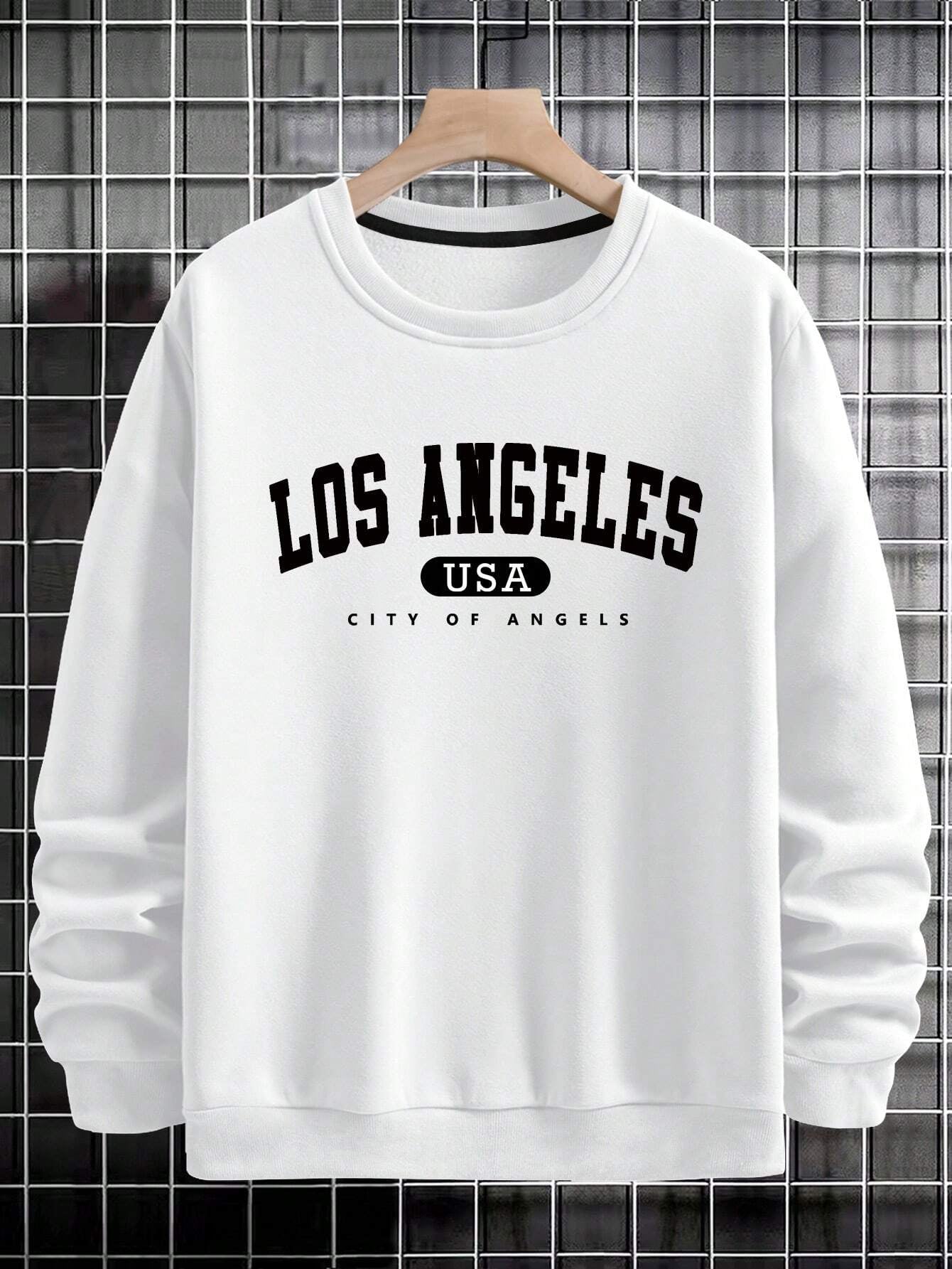Manfinity Sporsity Men Letter Graphic Sweatshirt Going Out Crew Neck Letter Los Angeles Long Sleeve Casual Sweatshirt, for Friends, Husband, Boyfriend Gifts, Los Angeles Hoodie, Men Sweatshirt, Men Pullover Hoodie