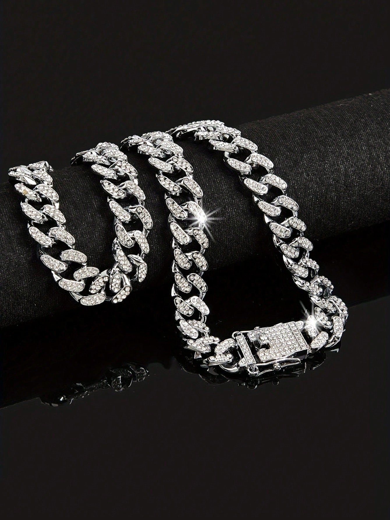 Kuuioe 1Pc European and American Black Hip-Hop Street Style Fully Rhinestone-Decorated Chain Necklace for Men & Women, with a Chain Bracelet, 20-60CM