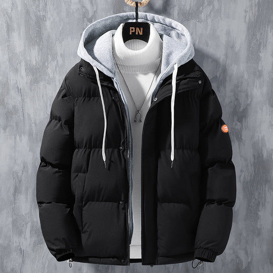 Fashion Hooded Jacket Men Winter Windproof Thickened Fake Two-Piece Coat Solid Leisure Sports Cotton Jacket