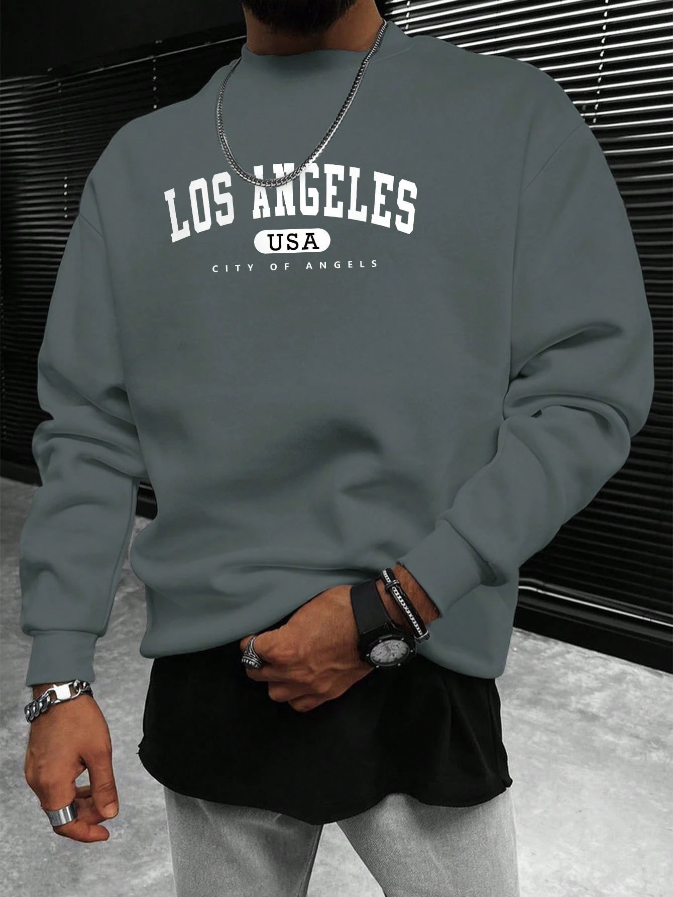 Manfinity Sporsity Men Letter Graphic Sweatshirt Going Out Crew Neck Letter Los Angeles Long Sleeve Casual Sweatshirt, for Friends, Husband, Boyfriend Gifts, Los Angeles Hoodie, Men Sweatshirt, Men Pullover Hoodie