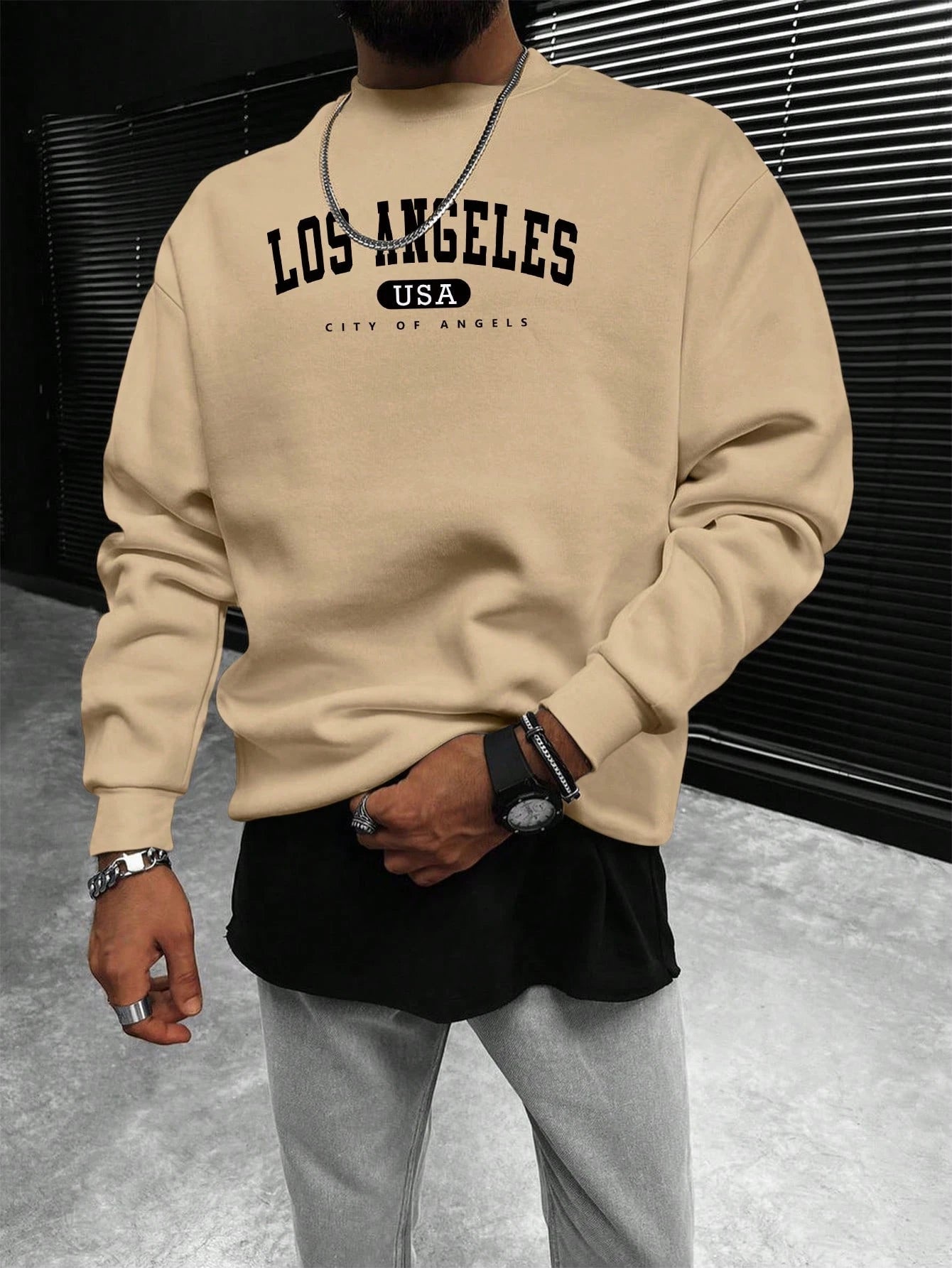 Manfinity Sporsity Men Letter Graphic Sweatshirt Going Out Crew Neck Letter Los Angeles Long Sleeve Casual Sweatshirt, for Friends, Husband, Boyfriend Gifts, Los Angeles Hoodie, Men Sweatshirt, Men Pullover Hoodie