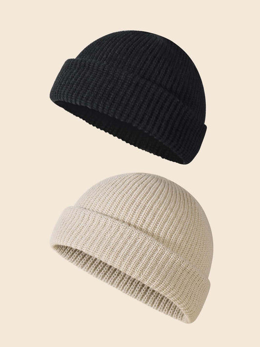 2Pcs Men'S Solid Color Knitted Hat Casual